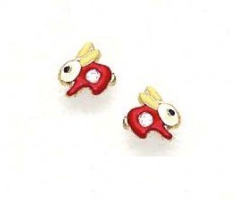Childrens Toyshop  Jewelry : 14k Yellow CZ Red Enamel Childrens Rabbit Earrings