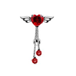 Red Crystal Cubic Zirconia Belly Button Ring Silver Bar - Reversed Angel Winged Heart Navel with Double Chained Prong Navel Ring (1pc)