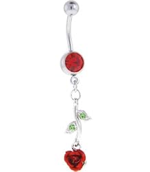 Red Blossom Long Stem Rose Dangle Belly Ring
