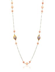 Gold Tone Endless Dyed Coral and Cloisonne Bead Stations Chain Necklace, 36"