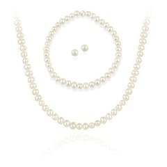 Sterling Silber 5,5-6mm Echte S��wasser-Zuchtperlen Wei�e Perlen Halskette, Armband und Ohrstecker Set