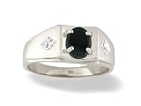 14K White Gold Genuine Oval Black Onyx and Diamond Men's Ring