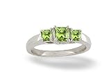 14K White Gold Genuine Square Peridot 3-Stone Ring