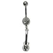 Stainless Steel Belly Ring with Clear Australian Crystals - Dangling guitar with skull 14g/5mm ball