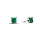 14K White Gold Square Created Emerald Stud Earrings