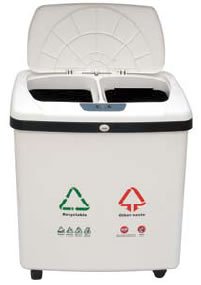 UZO1 DUAL COMPARTMENT PLASTIC TOUCHLESS TRASHCAN / RECYCLE BIN WITH AUTOMATIC OPENING LID (16 Gallon Capacity)