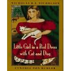 Little Girl in a Red Dress with Cat and Dog