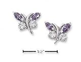 Sterling Silver Purple and Clear CZ Butterfly Post Earrings