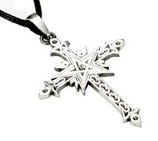Powerful PENTAGRAM CROSS Silver Tone PEWTER Pendant Necklace