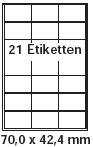 Produkt-Bild: pripa Etikettenformat 70 x 42,2mm, 50 Blatt DIN A4 selbstklebende Etiketten.Der Einzelbogen ist aufgeteilt in 21 Etiketten pro Bogen = 3 Spalten je 7 Reihen, 1.050Etiketten. Andere Formate & Mengen verf&uuml;gbar.