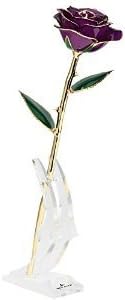Daya Long Stem Dipped 24k Gold Rose in Gift Box with Clear Moon Display Stand and Gift Bag (Purple)