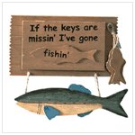 WOOD CARVED GONE FISHING WALL WOODEN KEY HOLDER KEYS