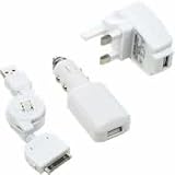 White 3-in-1 Charger For All iPod's & iPhones (Car charger, Usb, Mains charger)
