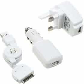 White 3-in-1 Charger For All iPod's & iPhones (Car charger, Usb, Mains charger)