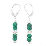 Faceted Emerald Gemstone and Sterling Silver Bead Dangle Earrings with Lever Backs, #7948
