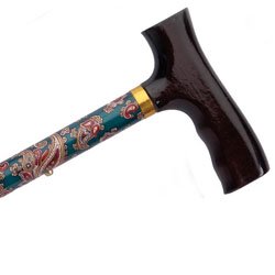 Folding Cane - Paisley. This Walking Cane has push button height adjustment and a weight capacity of 250 lbs. Comfortable Fritz Handle is designed for arthritis sufferers.