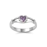 Sterling Silver Baby Ring for Child - Silver with Heart Shaped Amethyst CZ & February Birthstone Ring (size 4) in Heart-Shaped Black Velvet Gift Box