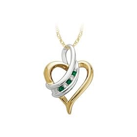 Emerald and Diamond Heart Pendant in 10K Yellow Gold by