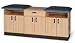 Convenient 36" high taping height. Durable dowel and glue oak laminated wood construction. (2) padded Taping sections 26" wide x 30" deep and (1) center drawer with oak laminate 22" wide top. (3) Storage cabinets, each with laminate interiors and (1) adjustable shelf. Doors have concealed, self-closing, Euro-hinges.