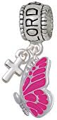 Translucent Hot Pink Flying Butterfly Lord Guide Me Charm Bead with Cross