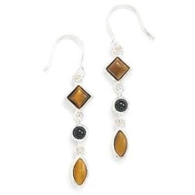 Black Onyx Tiger Eye Diamond Round Marquise Multistone Sterling Silver Earrings