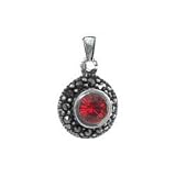 Sterling Silver Small Round Bezel Ruby Crystal and Marcasite Pendant