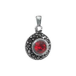 Sterling Silver Small Round Bezel Ruby Crystal and Marcasite Pendant by SkyeSterling