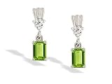 14K White Gold Genuine Emerald-cut Peridot and Diamond Dangle Drop Earrings