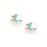 14k Yellow Blue Enamel Childrens Elephant Earrings