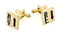Imaginative yellow gold plated and enamel buy and sell cufflinks with presentation box. Made in the U.S.A