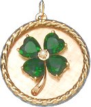 Green Stone Clover on Rope Edge Disc, 14K Gold Charm
