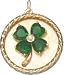 Green Stone Clover on Rope Edge Disc, 14K Gold Charm
