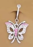 Fake Belly Navel Non Clip on Piercing Pink Fancy Butterfly Dangle Ring