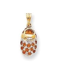 14k Yellow Gold & Rhodium Prong-set November Birthstone Citrine Baby Shoe Charm Pendant in Gift Box