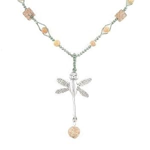 Dragonfly Pendant in Sterling Silver on a 16" Hand Woven Green Choker Necklace with Jasper Gemstone Beads, #8063