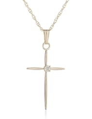 14k Yellow Gold Solid Stick Cross with Genuine Diamond Pendant Necklace, 18"