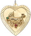 Baby Carriage on Heart Disc, 14K Gold Charm