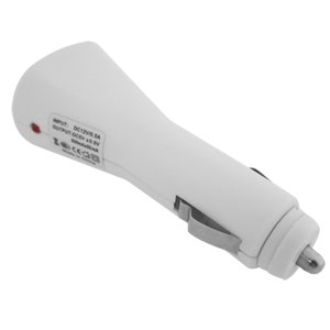 White usb car charger that is compatible with many different navigation systems, including TomTom, Magellan, Garmin and other systems that have a USB charging system connection.