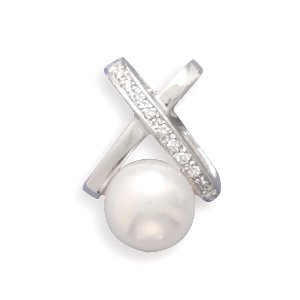 14k White Gold Diamond Cultured Freshwater Pearl X Slide