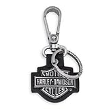 Harley Davidson Cutout Bar & Shield Fob. Top-grain leather key fob. Split ring for keys. Snap hook attaches to a belt loop. Sculpted Bar & Shield medallion with antique silver finish. Measures 4 x 2 1/8...99444-06V