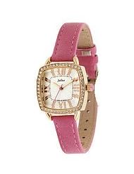 Julius JA-630D Light Yellow Square Curved Dial Pink Leather Band Analog Women Wrist Watch