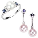 14k Gold, Cultured Pearl Diamond with Sapphire Earring and Ring Set