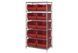 36 X 24 X 74 Chrome Wire Shelving With 10 24D Bins Red