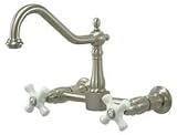 Kingston Brass KS1248PX Wall Mount Kitchen Faucet With Porcelain Cross Handles - Satin Nickel