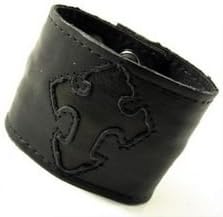 Charlie Biker Bracelet, Men or Womens Leather Bracelet with Secret Hidden Zipper Compartment, Approx 8-9" Adjustable, Black Leather with Black Cross Design.