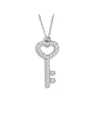 Diamond Love Key to Heart Charm Pendant Necklace 14K White Gold G-H I1 0.11Carat