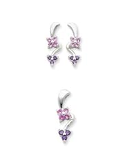 Sterling Silver Pink & Purple CZ Flower Earrings and Pendant Set