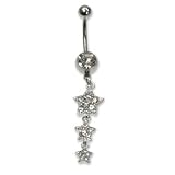 Stainless Steel Belly Ring with Clear Australian Crystals - Dangling stars 14g/5mm ball