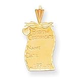 14k Diamond-Cut Engraveable Birth Certificate Charm - Measures 25x13mm - JewelryWeb