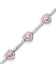 Sterling Silver 7 Inch Pink And Clear CZ Heart Bracelet - 7 Inch